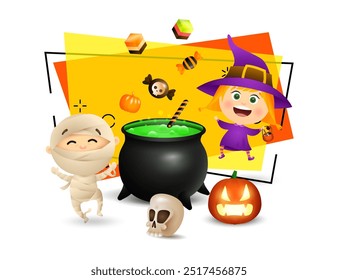 Boy in mummy costume and girl in witch hat celebrating Halloween. Boiling potion in caldron, pumpkin lantern, skull and sweets on background. Party concept. Vector illustration for poster or banner