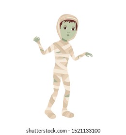 Boy in mummy costume Isolated on  white background. Kid in Halloween monster costume. Vector illustration of cute scary character in cartoon simple flat style.