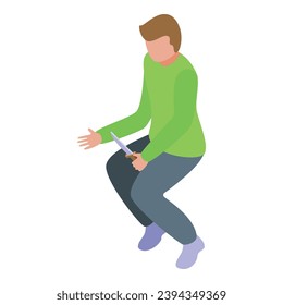 Boy with mushroom knife icon isometric vector. Seasonal activity. Forest full of mushrooms