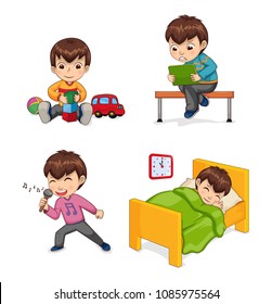 Boy musician and hobby, singing child, playing with toys cube car, sitting on bench looking at tablet, collection isolated on vector illustration