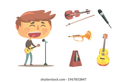 Boy Musician and Musical Instruments Set, Microphone, Guitar, Violin, Trumpet, Cartoon Vector Illustration