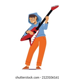 Boy Musician Playing Electric Guitar At Lesson In Musical School Or Talent Show, Kid Prepare To Music Concert, Performance On Scene, Instrumental Ensemble Soloist. Cartoon People Vector Illustration