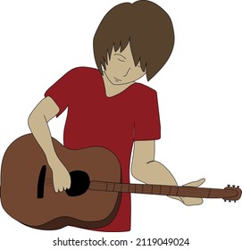 Boy musician in a red T-shirt who is learning to play the guitar. Guitar player. Vector drawing of a guitarist