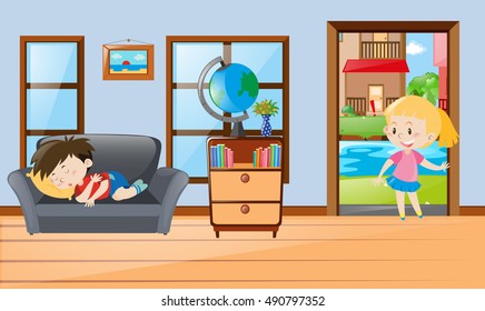 Boy napping when girl coming in illustration