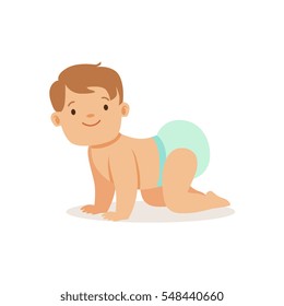 Boy In Nappy Crawling, Adorable Smiling Baby Cartoon Character Every Day Situation