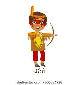 Boy In Native American Country National Clothes, Wearing Feather Headdress And A Bow Traditional For The Nation