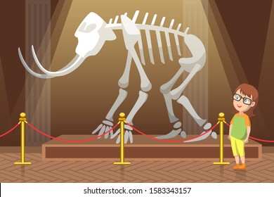 Boy In Natural History Museum. Exhibition With Skeleton Of Mammoth With Big White Tusks And Bones. Kid In Glasses Amazed By Prehistoric Animal. Child Alone In Hall. Flat Cartoon Vector Illustration