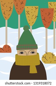 Boy with nature winter day vector design illustration, man, snowy day, trees, snow, bush