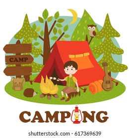 boy near bonfire in summer camp - vector illustration, eps