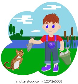 a boy near the river feeds a cat fish in a flat style
