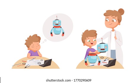 Boy need help. Little guy sad, child studying robotics. Teacher and student vector illustration