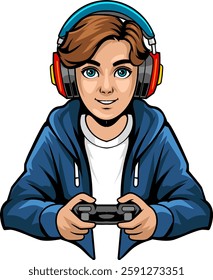 Boy Nerd playing game with joystick and headphone isolated cartoon character illustration