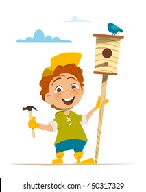 Boy and nesting box with bird Ecology environment protection illustration