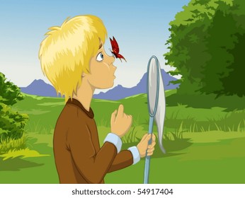 Boy with net and butterfly
