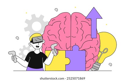 Niño con neurodiversidad. Chico lindo en gafas de realidad virtual cerca del cerebro Grande. Desarrollo de habilidades cognitivas en niños. Conciencia y atención plena. Ilustración vectorial lineal