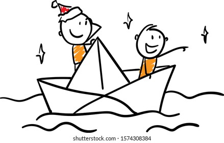 Boy and boy in a new year hat in a boat in the sea.
Girl hand drawn doodle line art cartoon design character - isolated vector illustration outline of woman.
