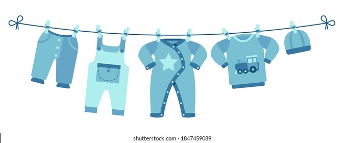 Boy newborn clothes. Cute blue pants, sweater and hat. Apparel for little man drying on clothesline vector illustration