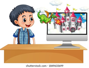 Boy next to computer with castle desktop screen background illustration