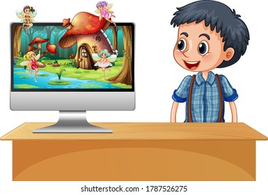 Boy next to computer fairy on screen illustration