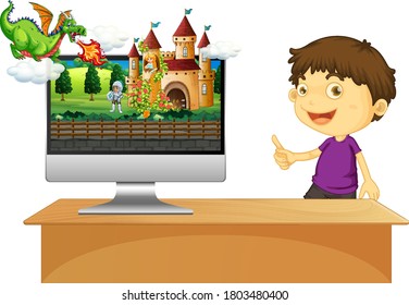 Boy next to computer with fairy tale background illustration
