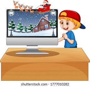 Boy next to computer on the table with xmas theme desktop background illustration