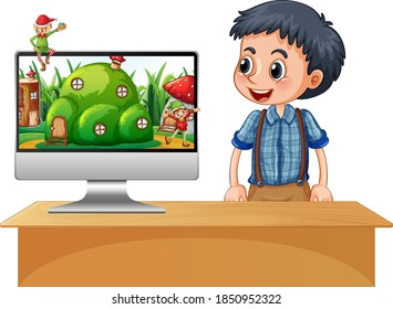 Boy next to laptop on the desk with fantasy background illustration