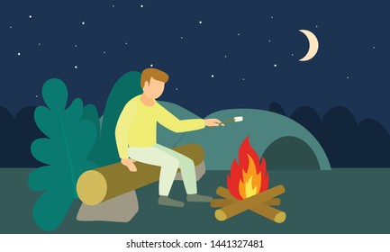 Boy at night cook marshmallow concept banner. Flat illustration of boy at night cook marshmallow vector concept banner for web design