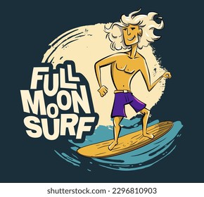 Boy night surfer cool summer t-shirt print. Boyfriend midnight ride surfboard on big wave. Full moon surf s logan. Man beach funny child wear illustration. Tropical sea surf sport kids