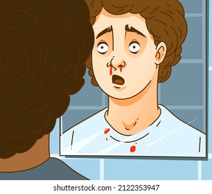 A Boy With A Nosebleed. The Mirror Reflection Of The Scared Kid. Healthcare Illustration, Medical Illustration. Vector Illustration.