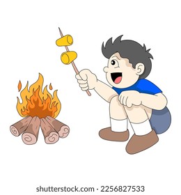 boy is nosy doing activities burning sausage food. vector design illustration art