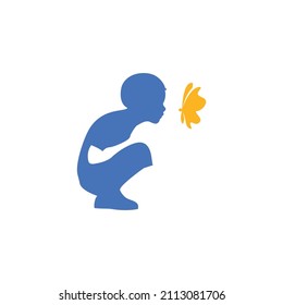 Boy notice a butterfly. Abstract illustration of logo template happy children.