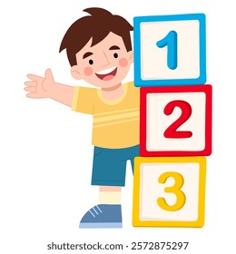 Boy with number blocks cartoon illustration
