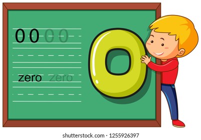 Boy with number zero on blackboard template illustration