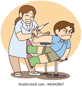 A boy with a nurse. Add background.