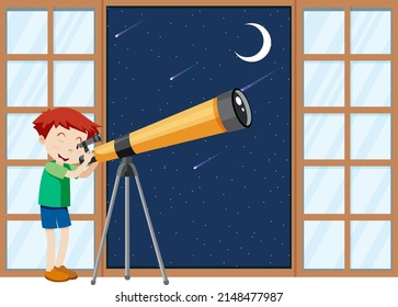 A boy observe night sky with telescope illustration