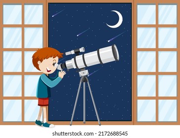 A boy observe night sky with telescope illustration