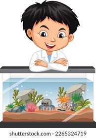 A boy observes an aquarium fish tank illustration