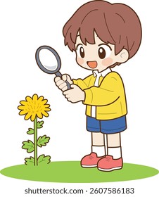 Boy observing a dandelion with a magnifying glass