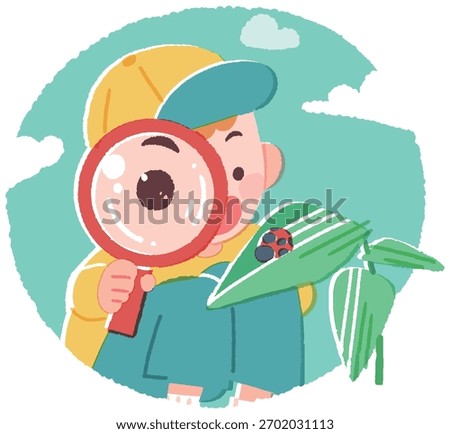 Boy observing a ladybug with a magnifying glass