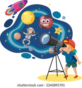 Boy observing planets with telescope illustration