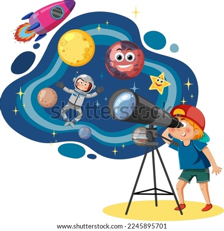 Boy observing planets with telescope illustration