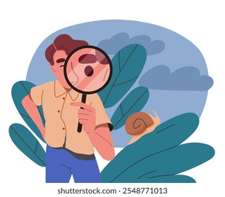 Boy observing snails. Student with magnifying glass examines snail on leaves. Observing animals and nature. Ecology and environment. Flat vector illustration isolated on white background