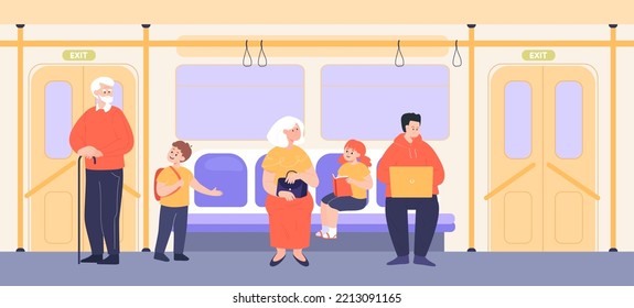 Niño ofreciendo asiento al anciano en el tren. Niño pequeño sentando a una persona mayor en la ilustración del vector plano del metro. Asistencia, amabilidad, concepto de transporte para banner o página web de aterrizaje