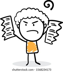Boy office worker manager angry with a contract. Man ripped paper. Sad boy hand drawn doodle line art cartoon design character - isolated vector illustration outline of woman