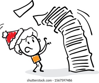 Boy office worker manager with new year hat with a lot of work (papers) before merry christmas.  Girl hand drawn doodle line art cartoon design character - isolated vector illustration outline of man