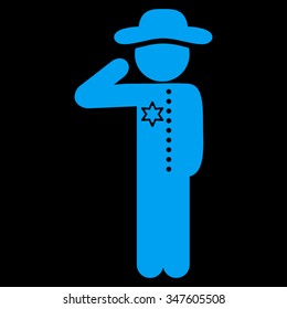 Boy Officer vector icon. Style is flat symbol, blue color, rounded angles, black background.