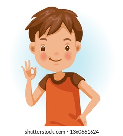 Boy ok. Positive emotions, smiling. Cartoon character vector illustration isolated on white background.