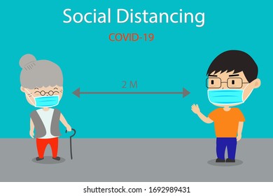 Boy and Old woman wear medical masks or medical masks to maintain social distancing to prevent the spread of the COVID-19 virus. Vector illustration. Design COVID-19 concept background.