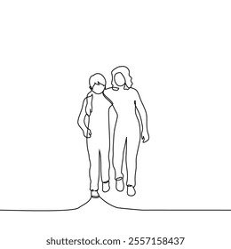 boy and older girl walking hugging shoulders - one line art vector. concept older sister and brother are friendly and help each other