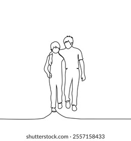 boy and older boy walking hugging shoulders - one line art vector. concept older brother and younger brother are friends and help each other